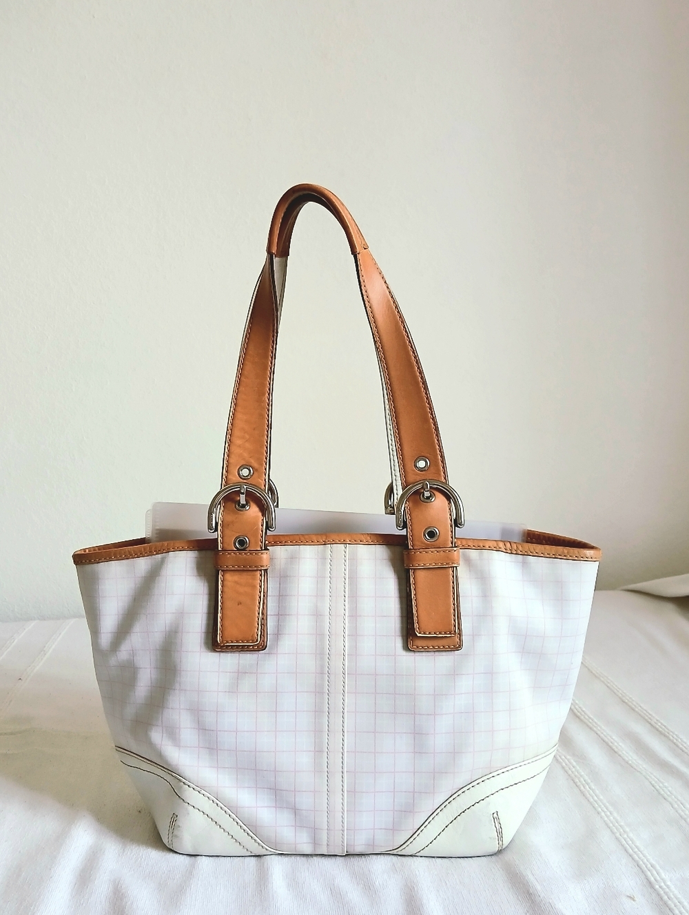 Coach White Tote with Tan Leather Trim
